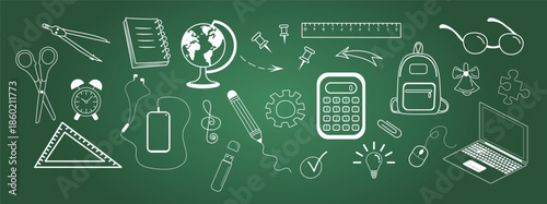 Welcome back to school, chalk-writing text and education icons on chalkboard.