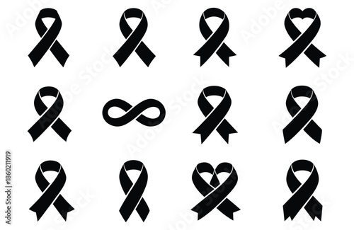 Collection of black ribbon icons and infinity symbol on white background vector