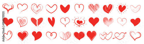 Set of doodle hand drawn hearts. Different shapes and styles. Love line icon.