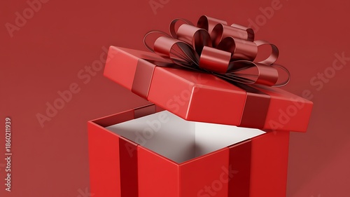 An open red gift box with a bow on a red background is photographed from above