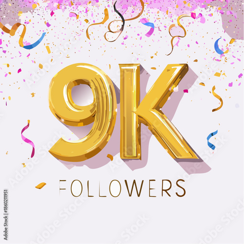 9k followers celebration design with Golden numbers, sparkling confetti and glitters. Realistic 3d festive illustration. Party event decoration. Vector illustration