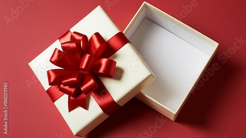An overhead view of an elegantly wrapped white gift box with a red ribbon on a red background