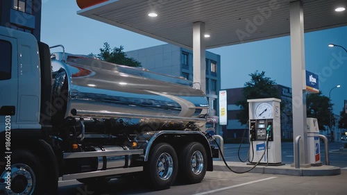 Fuel tanker truck is positioned at a gas station, showcasing the refueling process with dynamic camera movement and evening ambiance