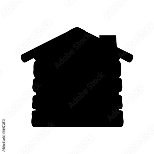 Silhouette of a rustic log cabin with a chimney and gable roof