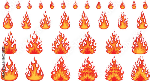 Large collection of orange and red fire flame icons in various shapes and sizes for heat energy warning and creative graphic design projects.