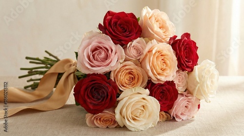 Colorful rose bouquet tied with ribbon on soft background  