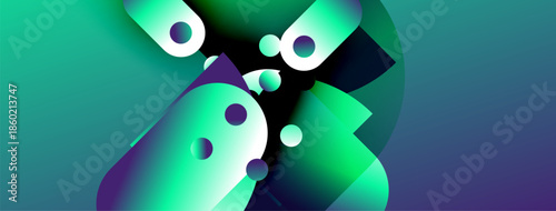 Abstract shapes, vibrant turquoise hues, dynamic composition. Modern design elements create fluid visual experience. Gradient colors dominate scene.