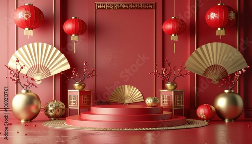 Chinese New Year Background Mockup with Red and Gold Festive Decor