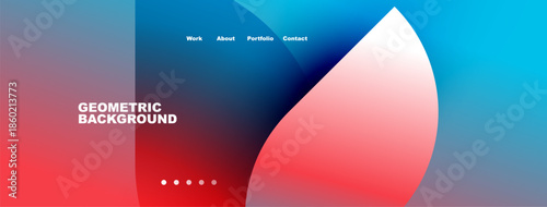 Abstract geometric background. Gradient colors blend, creating modern visual design. Navigation menu present at top. Dots indicate sections.