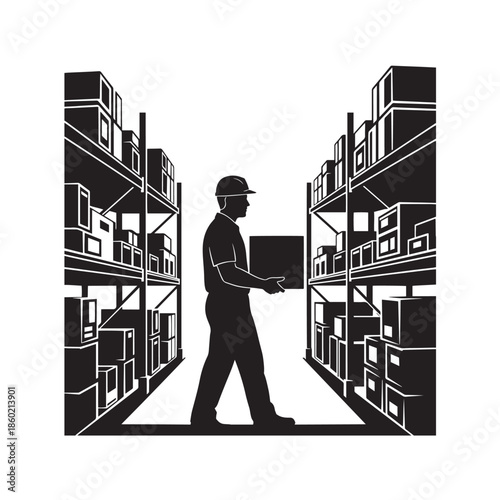 Warehouse Worker Silhouette Carrying Box Between Shelves"