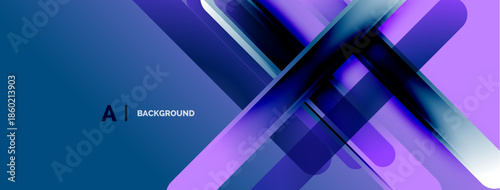 Abstract geometric shapes overlap, creating vibrant blue, purple gradients. Modern design suggests technology, innovation, digital art.