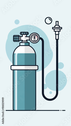 Portable oxygen tank with medical mask and regulator for breathing support and emergency care device.