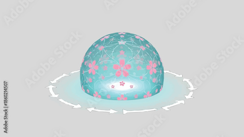 ガラスドームの桜模様と円形のリサイクル矢印、環境に優しい自然コンセプトのベクターイラスト