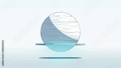 輝く青い半球の上に浮かぶ波線のある抽象的な3D球、未来的なベクター背景、デジタルデザイン要素