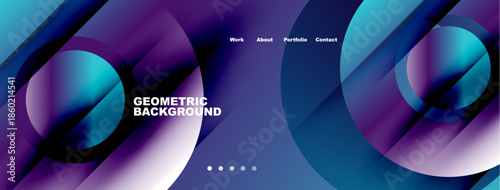 Abstract geometric background. Purple, blue hues dominate design. Navigation menu present, simple dots indicate sections. Modern aesthetic.