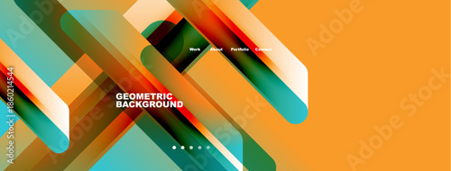 Abstract geometric layers create vibrant background. Orange, teal, green hues dominate design. Minimal text present, navigation visible.