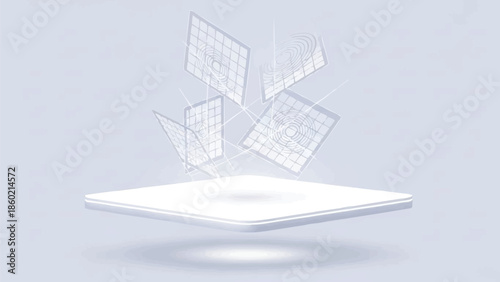 グリッドテクスチャを備えたミニマリストの白いフローティングプラットフォーム、抽象的な製品展示台、きれいな幾何学的な背景ベクトル