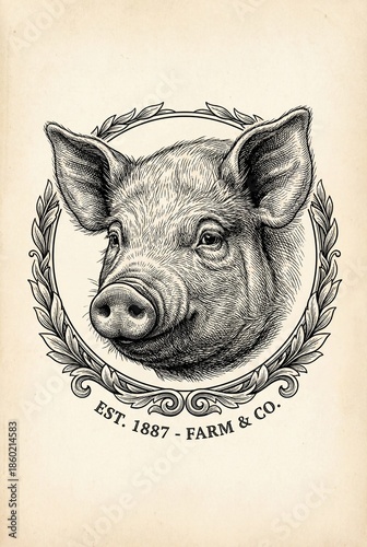 Wallpaper Mural Premium engraved artwork featuring a vintage pig illustration surrounded by a decorative laurel wreath and farm branding Torontodigital.ca