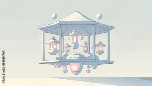 雲の中に浮かぶ伝統的な日本のパビリオン寺院、灯籠と空を背景にした幻想的な禅建築、ベクターイラスト