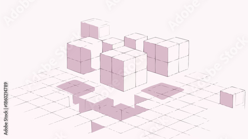 グリッド背景の等角投影の 3D 抽象立方体、ピンクの幾何学的構成要素、テクノロジーとデータ アーキテクチャの概念、デジタル ネットワーク デザイン