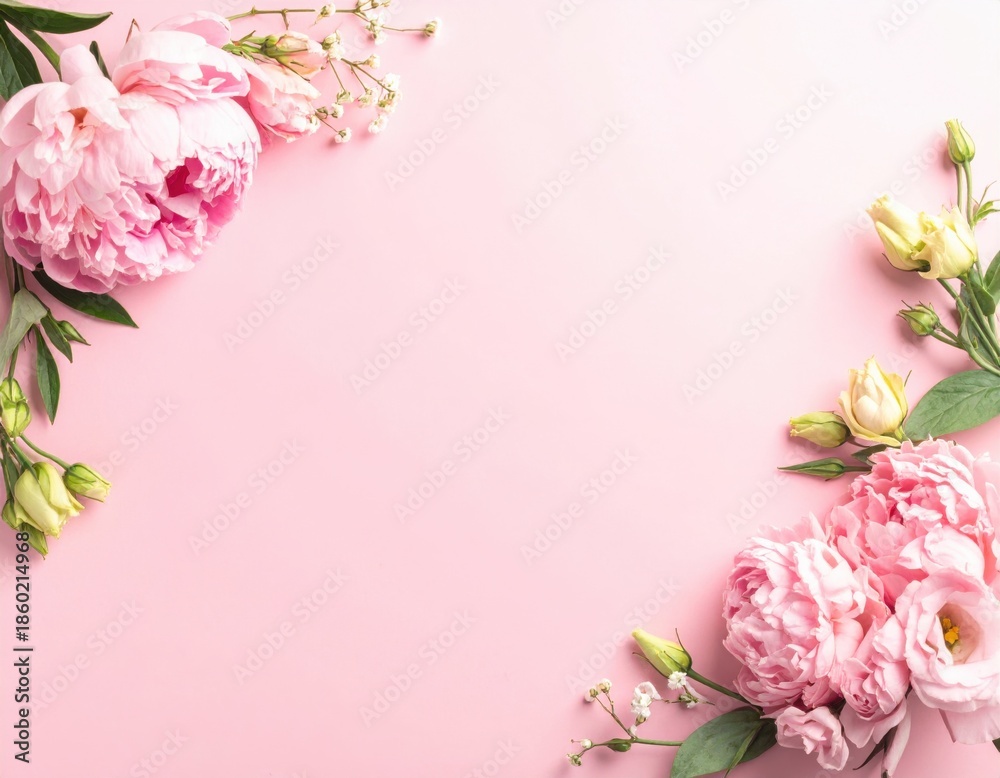 Naklejka premium Pink peony flowers with delicate buds frame a light background. Mother’s Day sale banner with soft pink background and delicate flowers on sides.