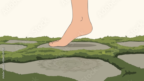 苔むした庭の曼荼羅模様の禅の石道を歩く足、マインドフルネス瞑想のコンセプト、自然リラクゼーションのベクターイラスト