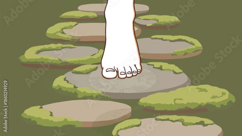 苔むした庭の曼荼羅模様の禅の石道を歩く足、マインドフルネス瞑想のコンセプト、自然リラクゼーションのベクターイラスト