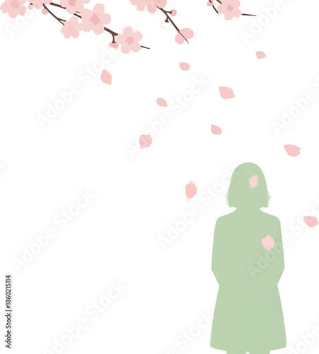 桜の木の下に立つ女性のシルエット、散る桜の花びら、春の屋外の風景、穏やかな自然の背景