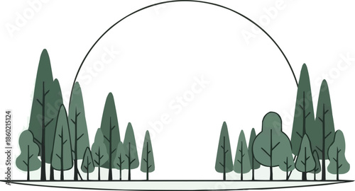 松の木、昇る太陽、円形の線画、自然の風景、抽象的な屋外イラストのあるミニマリストの森の風景