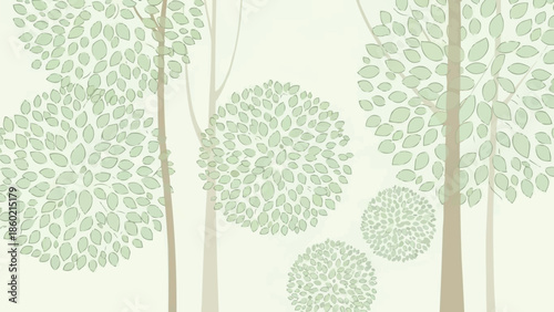 丸い緑の葉の房を持つ様式化された木、現代の森のベクターイラスト、自然の風景、抽象的な木のパターン、緑のデザイン