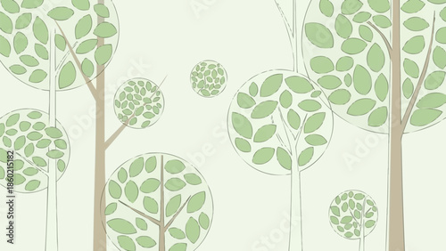 丸い緑の葉の房を持つ様式化された木、現代の森のベクターイラスト、自然の風景、抽象的な木のパターン、緑のデザイン