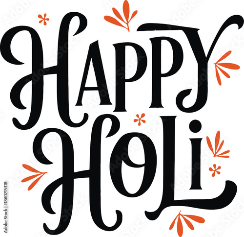 Happy Holi typography vector. Hand drawn lettering with colorful splashes for Indian festival of colors greeting card design