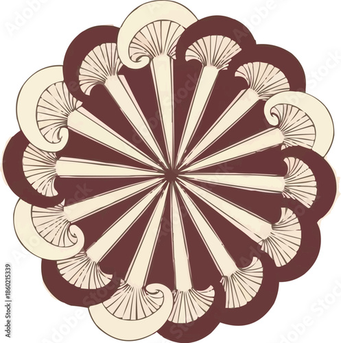 対称的なキノコ曼荼羅の放射状パターン、オーガニックフードのイラスト、自然からインスピレーションを得た円形デザイン、植物ベクターアート、装飾的な植物モチーフ