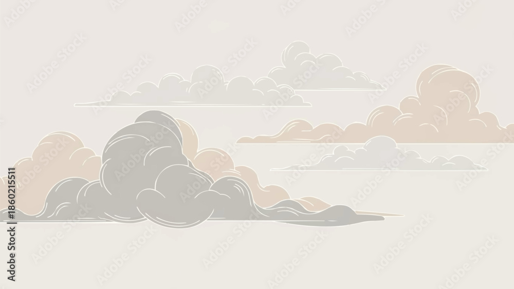 Fototapeta premium モダンな日本の雲のイラスト、柔らかなパステルカラーの空の要素、伝統的な雲のベクターアート、隔離された背景デザイン