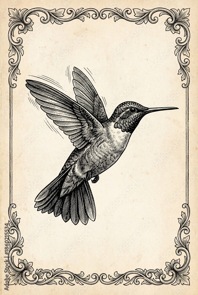 Fototapeta premium Engraved hummingbird in vintage style captures the beauty of nature's delicate marvel