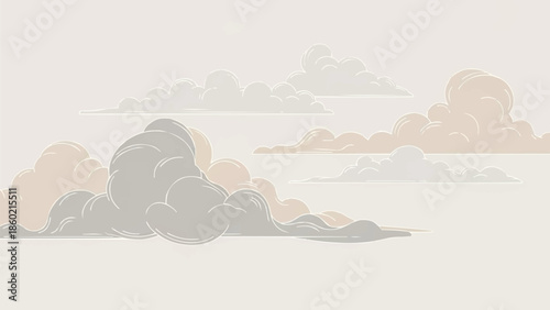 モダンな日本の雲のイラスト、柔らかなパステルカラーの空の要素、伝統的な雲のベクターアート、隔離された背景デザイン
