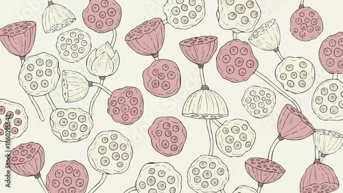 蓮の実の鞘の植物パターン、伝統的な禅の花のイラスト、ピンクと白のアジアの花の要素、ウェルネスとスパのグラフィックのための独立したデザイン