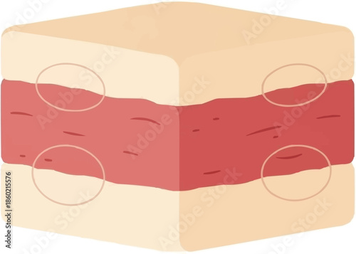 レイヤードフードキューブのイラスト、リアルな肉とケーキのテクスチャブロック、メニューデザイン用の四角いグルメ食材グラフィック、分離ベクターアート