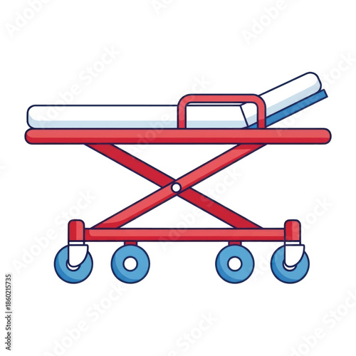 Red wheeled hospital stretcher with a rolled blanket for patient transport and emergency care in clinical settings.