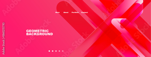 Modern website header design. Pink geometric shapes overlap, creating dynamic background. Navigation links present, text visible.