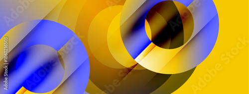 Abstract shapes overlap, creating dynamic composition. Yellows, blues dominate, suggesting movement, depth. Smooth gradients enhance visual interest.