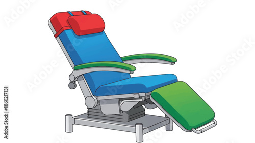 Blue and green adjustable medical examination chair with reclining backrest and footrest on metal frame.