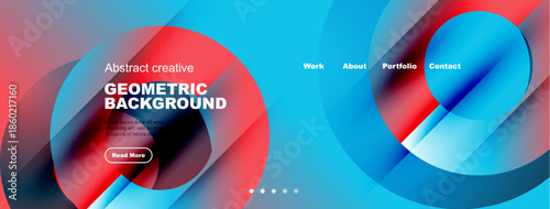 Abstract geometric background design. Vibrant blue, red hues create modern aesthetic. Navigation menu present, button visible.