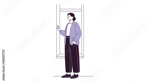 Minimalist Illustration of a Person Standing Near a Window in Casual Clothing