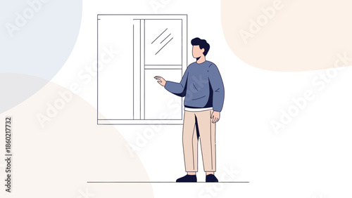 Minimalist Illustration of a Person Standing Near a Window with Simple Background Design