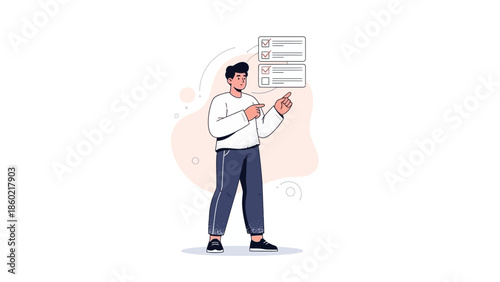 Modern illustration of a man completing a checklist or survey on a digital device for productivity