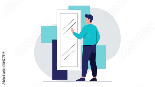 Modern illustration of a person interacting with a large touch screen mirror in a minimalistic