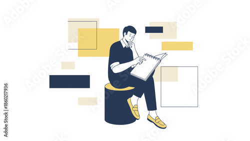 Modern Illustration of a Person Reading and Taking Notes with Abstract Geometric Backgrounds