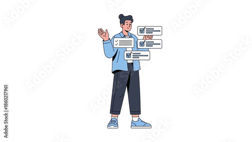 Modern illustration of a woman managing and checking off multiple tasks with a friendly gesture