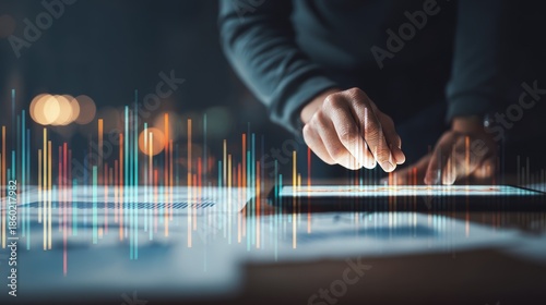 Abstract Data Analysis Concept in Market Intelligence with Hands on Digital Tablet